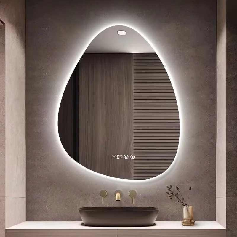 Special-shaped water drop smart touch screen hotel toilet  mirror cosmetic with LED light bathroom wall hanging bathroom mirror