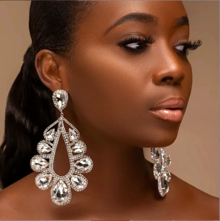 Big Diamond Water Drop Flower Hoop Earrings Fashion Crystal Drop Dangle Earring Shiny Rhinestone earring Wedding Jewelry