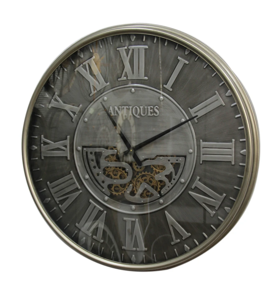 Industrial Oversized Gilded Gears Mechanism Wall Clock With Moving Gears and Roman Numerals on Glass For Sale