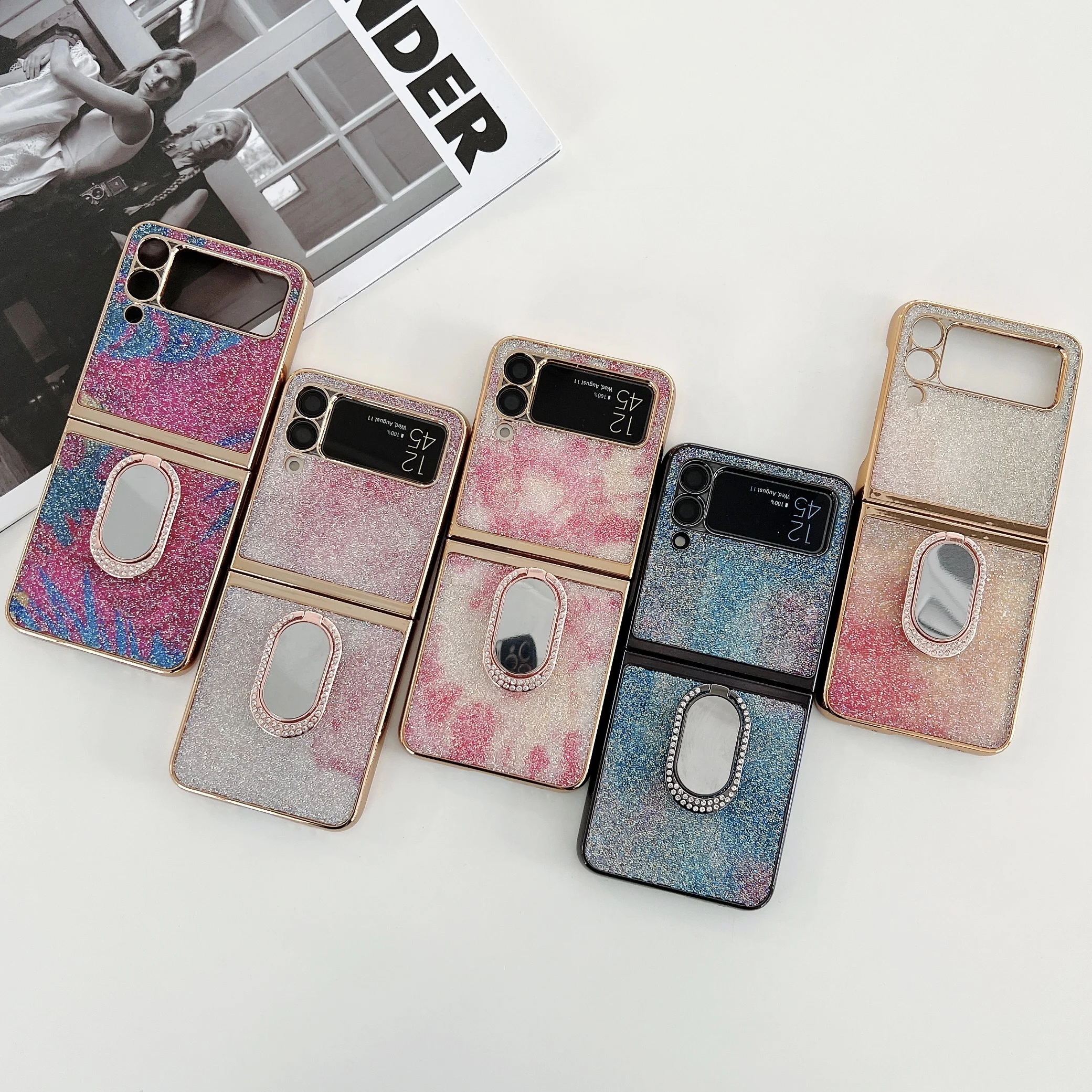 Luxury Glitter Case with Folding Mirror Ring Buckle Bling Phone Case Shell For Samsung Z Flip 3 case