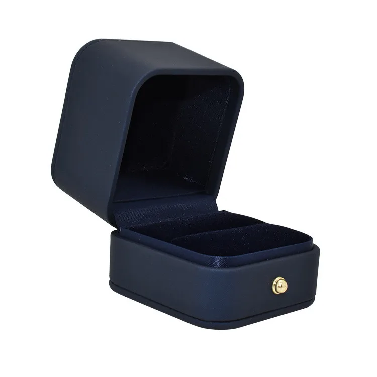 High-end wholesale Navy PU leather ring box with button custom logo jewelry box for ring earring
