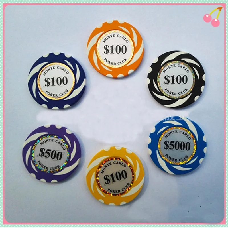 Factory supply 40mm clay poker chips 14g Monte Carlo casino club sticker poker chips