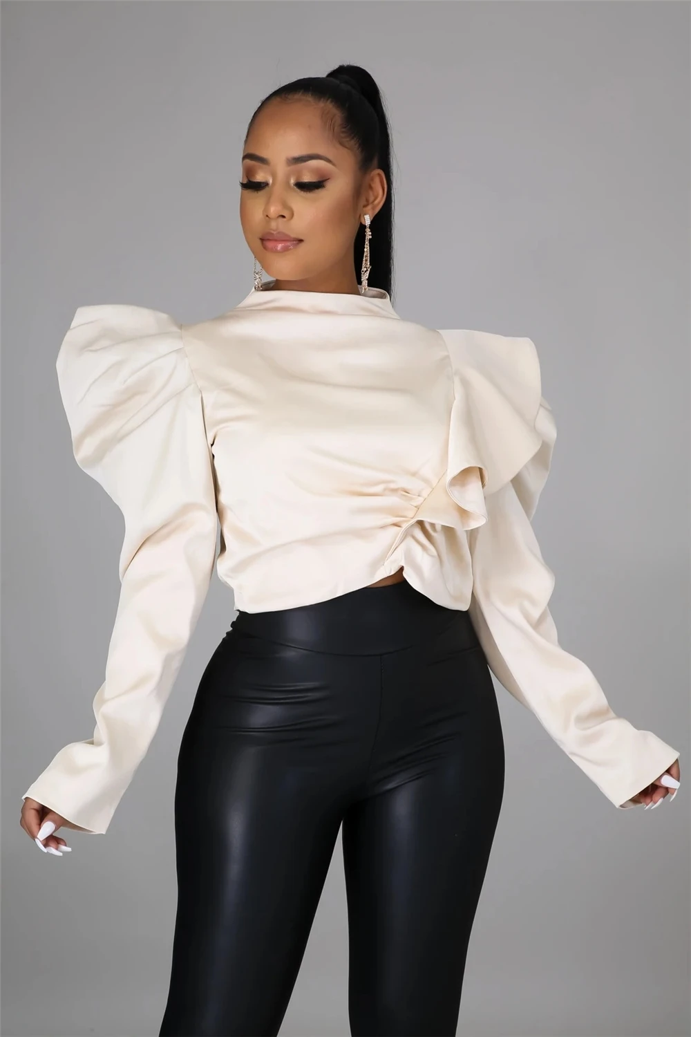 Autumn New Arrival Woman Tops Fashionable Ladies Blouses Ruffled Long Sleeve Office Lady Crop Top ANSZKTN