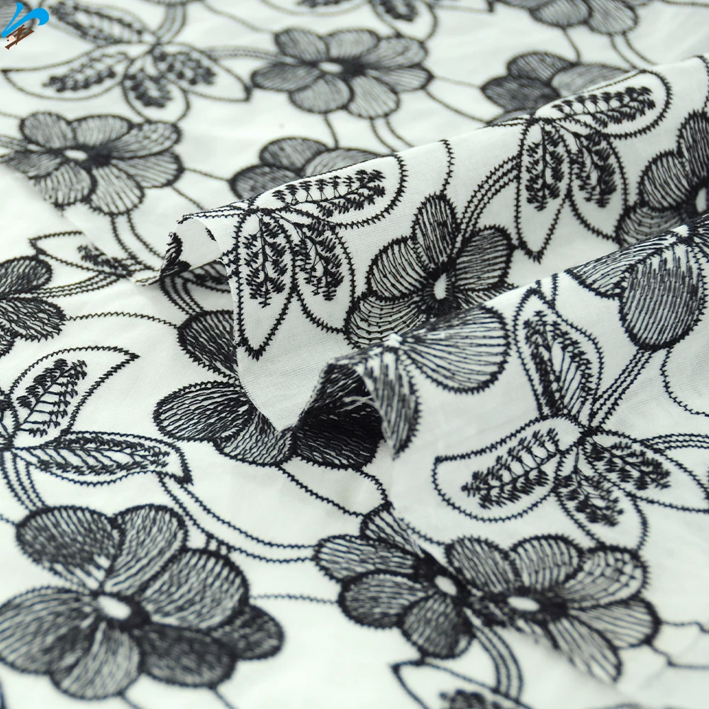 Customization Wholesale Elegant Black Flower Cotton Soft Embroidery Lace Trim Fabric Featured Embroidery Fabrics for Clothing