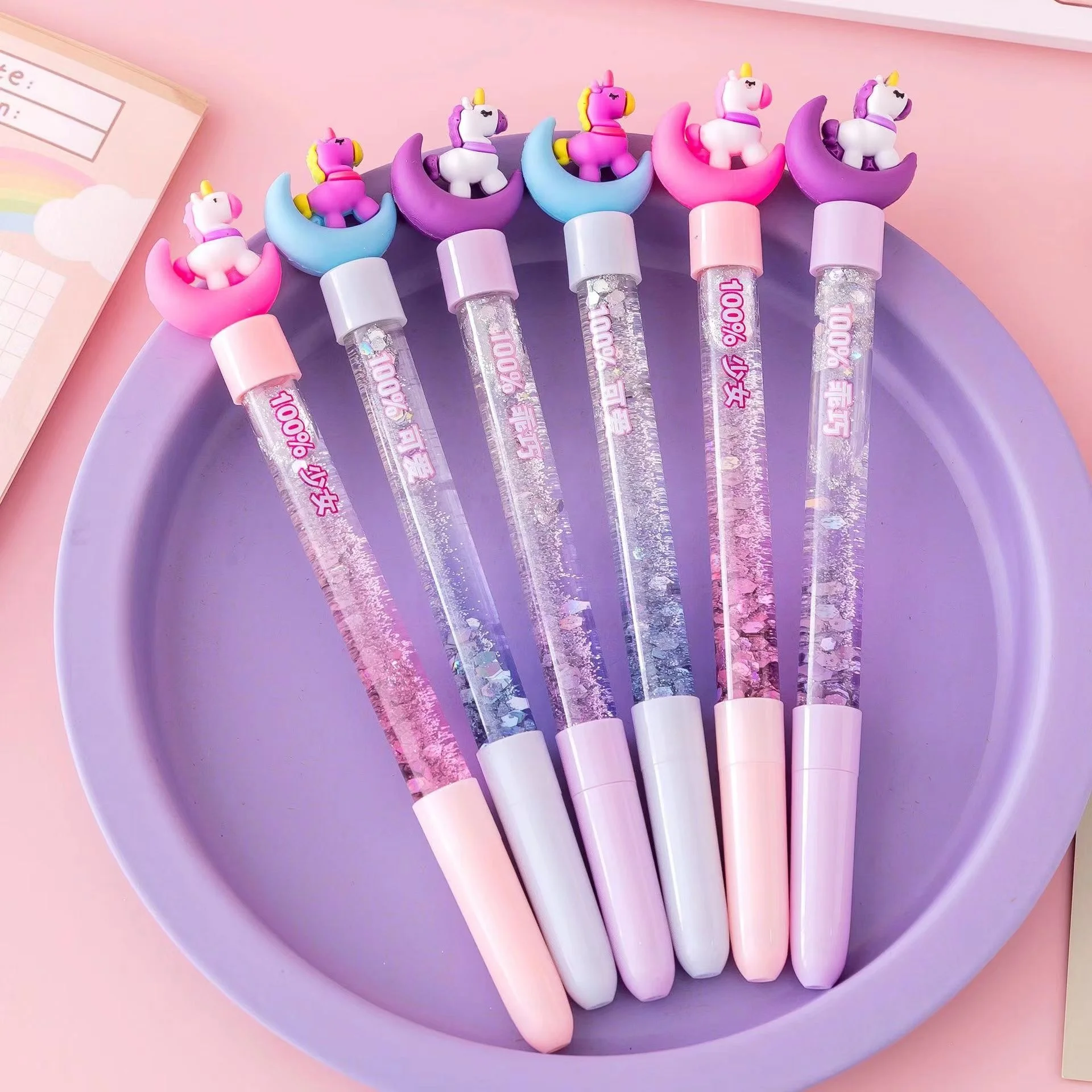 Creative cute moon unicorn ball point pens with liquid quicksand