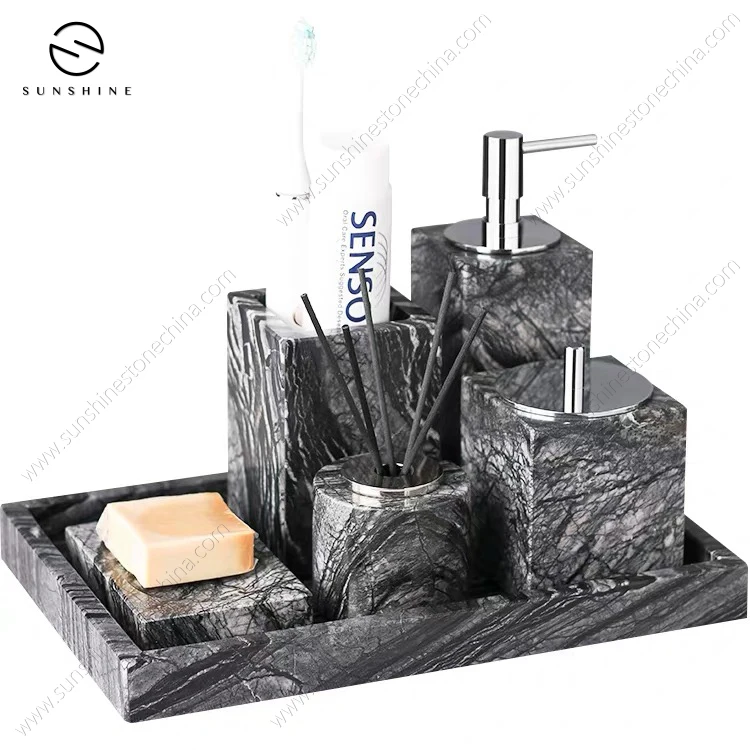 Modern Genuine Luna Black Marble 6 Piece Bathroom Accessories Set Stone Soap Dispenser Set