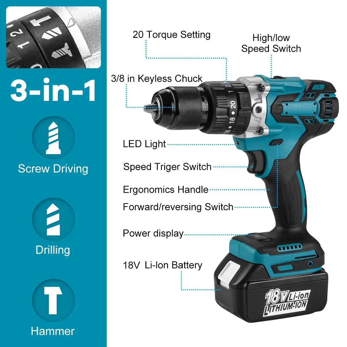 Body-only ODM/OEM Home Use New Drill 18V 20V Repair Kit Hand Electric Cordless Driver Drill impact drill