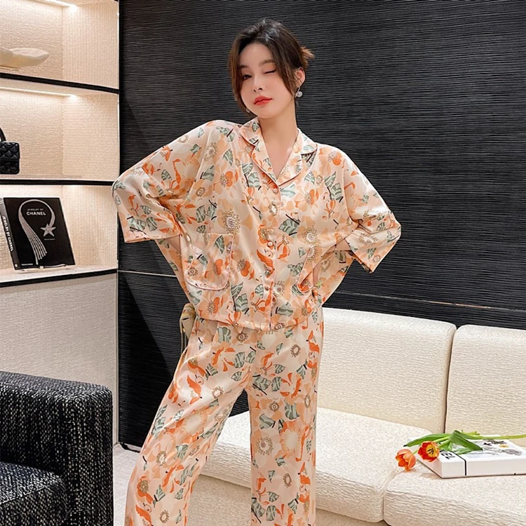 Fashion Women New Long-Sleeve Loose and cute cat print Satin Sleepwear Pajamas Loungewear Set