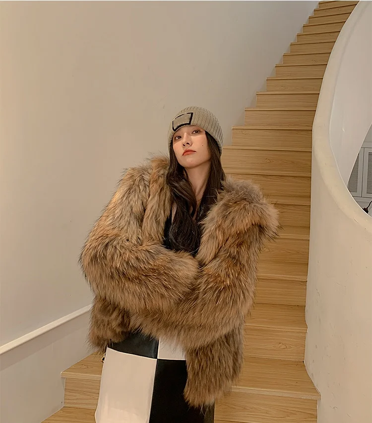 New Fashion Knitted Natural Raccoon Fur Coat Winter Fluffy Fur Jacket For Ladies Luxury Warm Overcoat