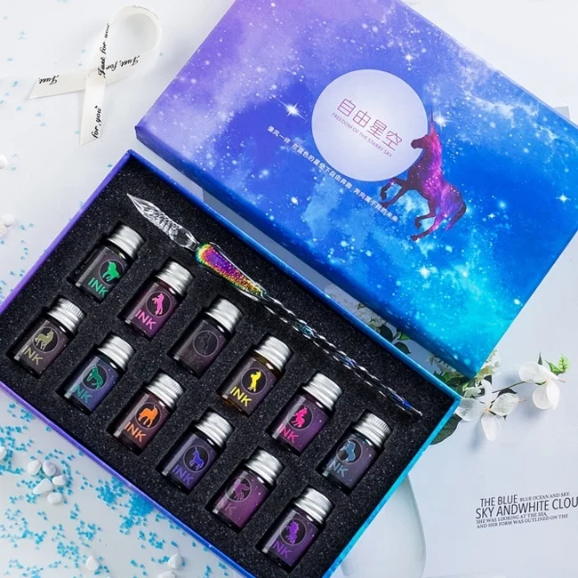 yihuale Crystal Glass Dip pen 12 Colors Ink Crystal Vintage Glass Dip Pen