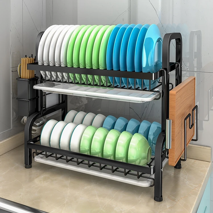 Two tier metal compact dish plate drying rack dish dryer plate drainer 2 tier kitchen sink rack