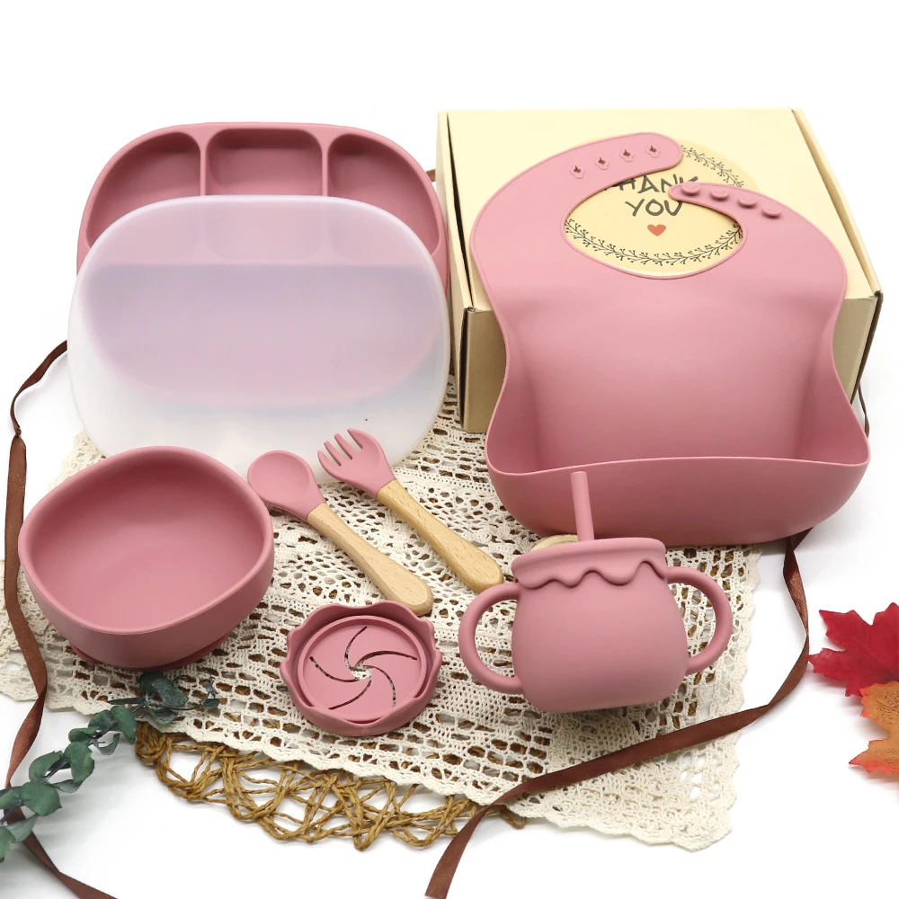 Custom Logo BPA Free Non-toxic Soft Baby Bowl Bibs Spoon Feeding Dinnerware Set Strong Suction Divided Toddler Silicone Plate