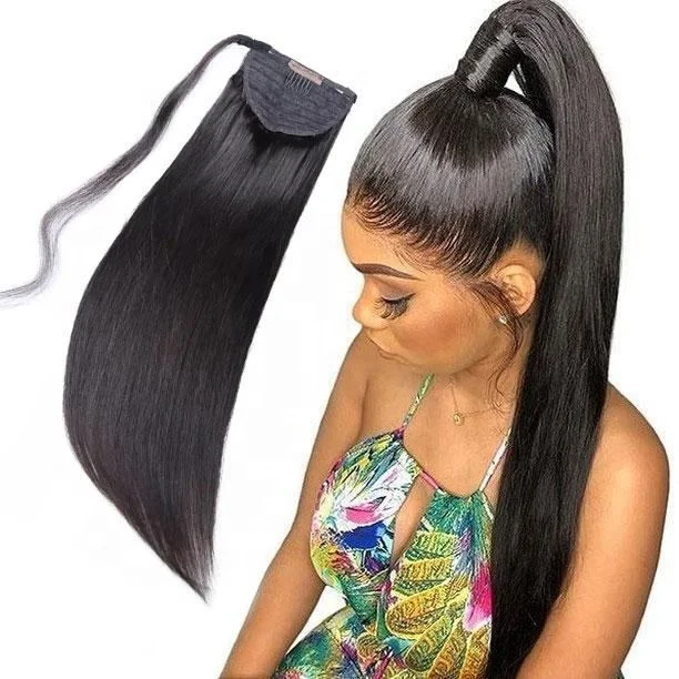 Indian wholesale 12A straight cuticle aligned natural black human long closure magic tape tie ponytail hair extension