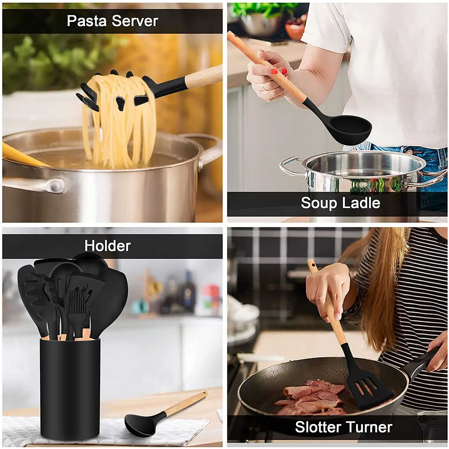 Amazon Top Seller 12Pcs Kitchen Gadgets Non Stick Silicone Spatula Turner Kitchen Utensils Set with Wooden Handle