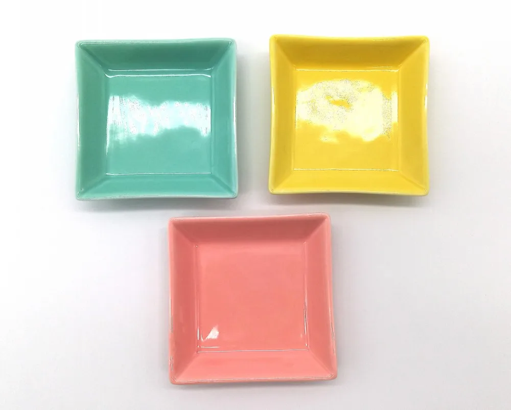 hot sale custom logo printed ceramic ring trinket dish Colorful Square jewelry tray with golden edge