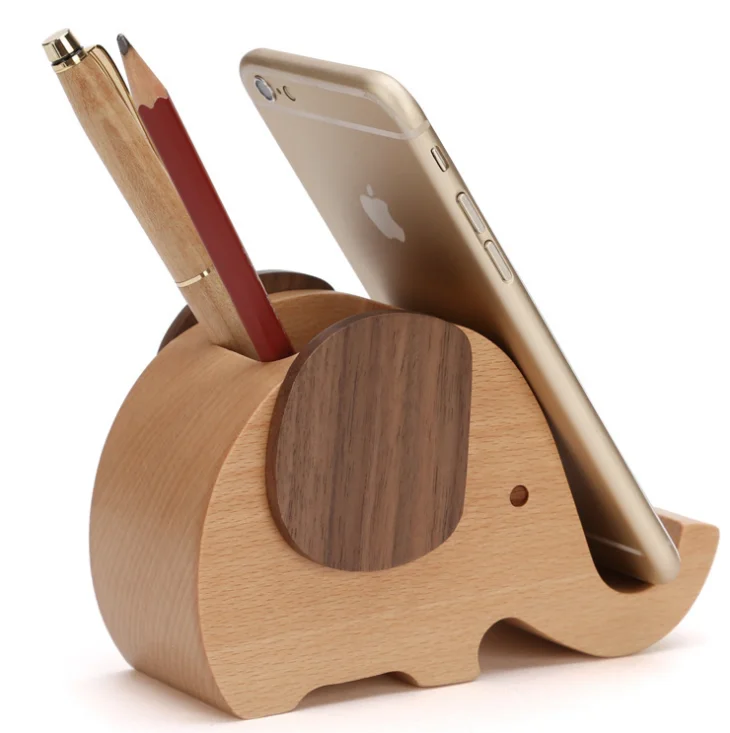 Cell Phone Stand Bamboo Wood Made Elephant Phone Stand for Smartphone with Pen Holder Desk Organizer Small