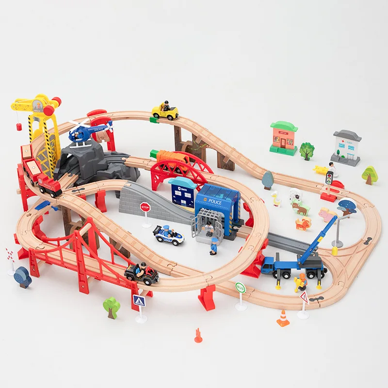 DIY Wooden Train Set Wooden Small Train Track Tarmac Police Station Scene Set Thomas Train Toy