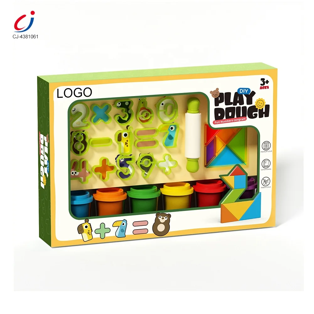 Chengji diy colored clay toy set educational play dough kit question cards tangram animal digital mold clay set for kids