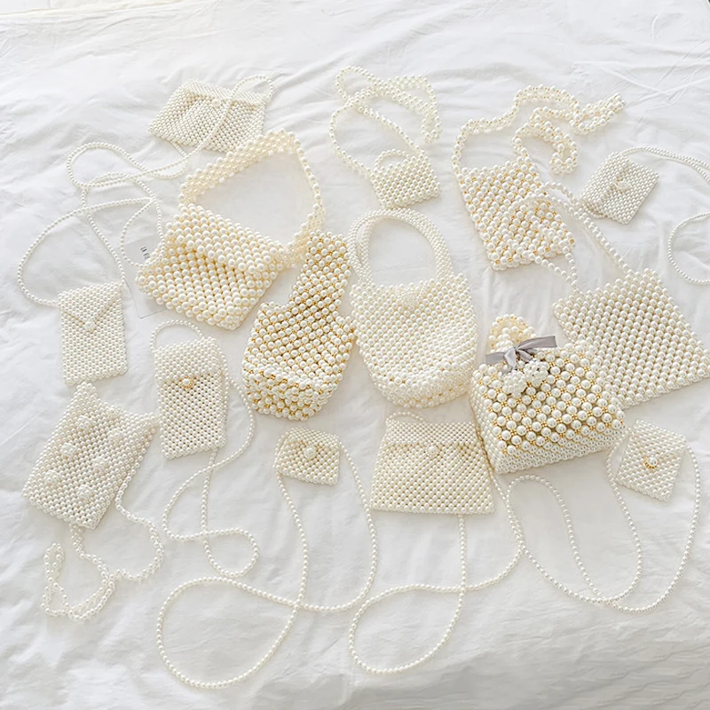 Ins Ladies Pearl Mini Clear Clutch Strap Baroque Evening Beach Crossbody Diy Hand Woven Handle Rice Beaded Purse For Girls