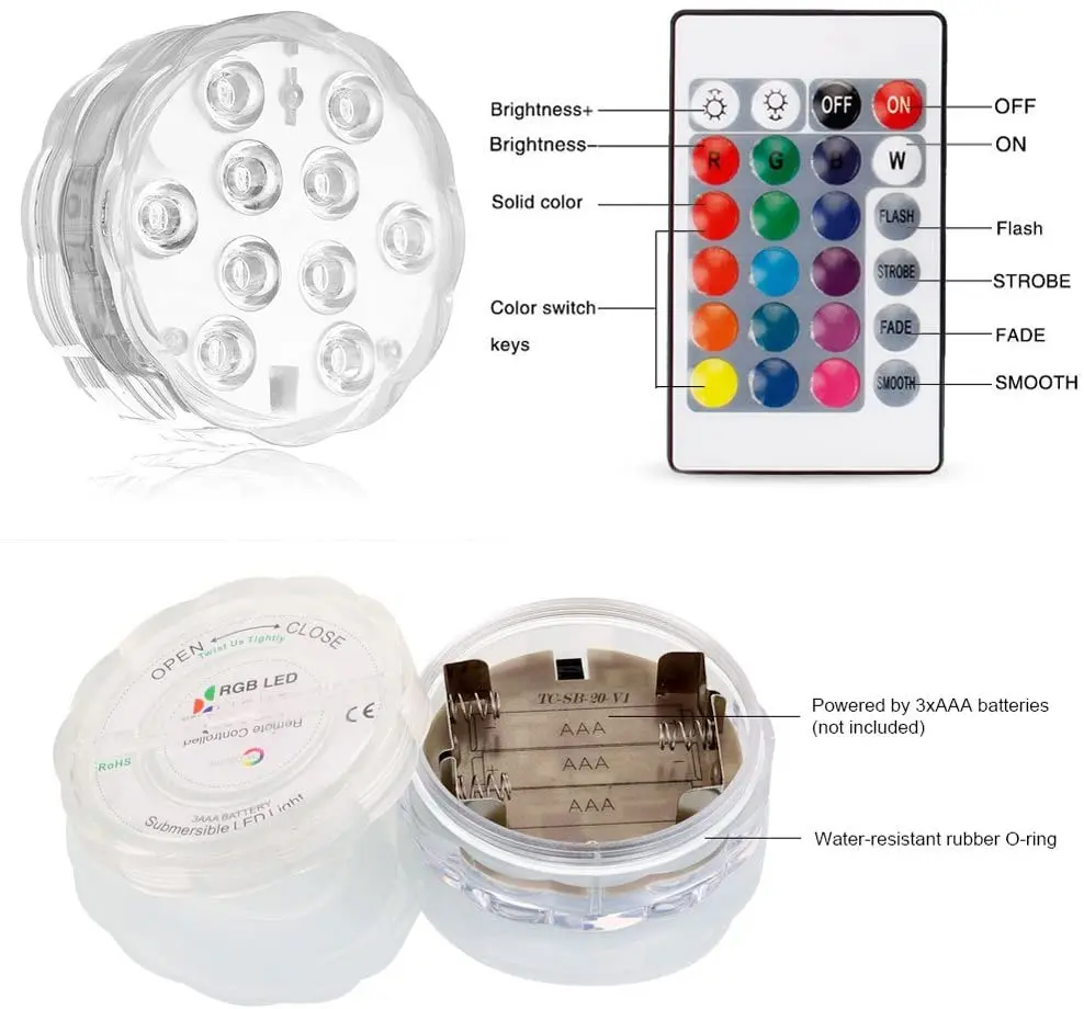 
13 Led Flashing Battery Powered Ip68 Water Proof Under Water Lamp Magnet Swimming Submersible Lights For Pool With Remote 