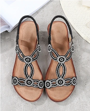 New Style Open Toe Round Bohemian Sandals Casual Rhinestone Hollow Out Ladies Platform Wedge Sandals