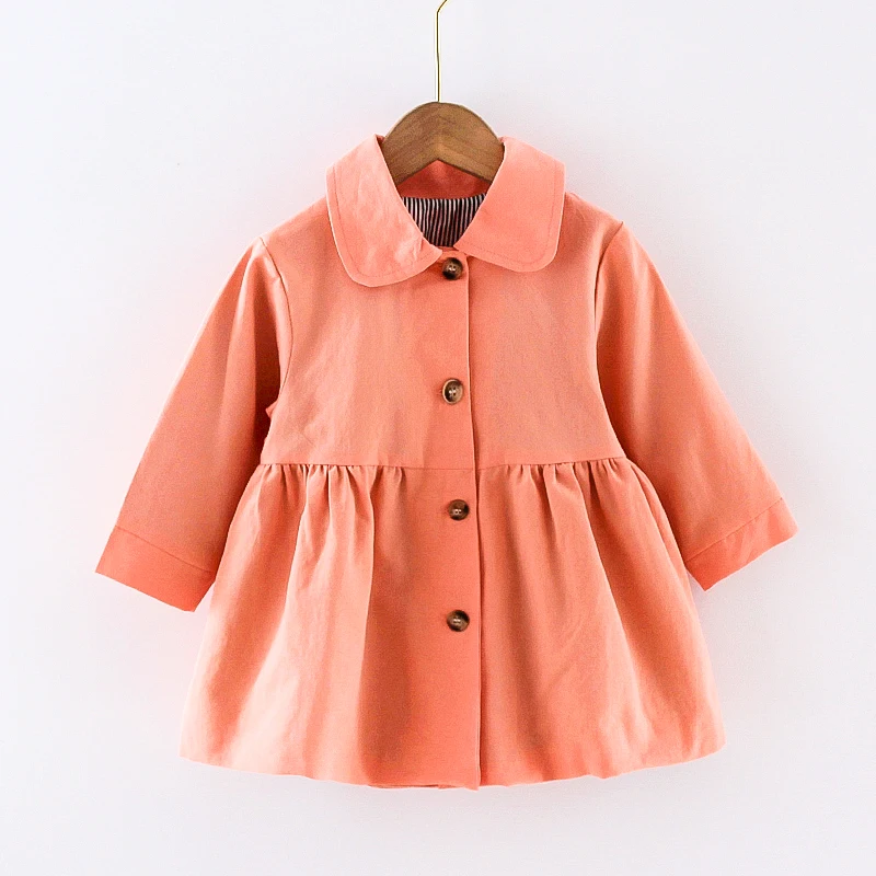 
2021 latest fashion designs Casual cotton smocked Solid color cotton trench coat Single-breasted turn-down collar child coat 