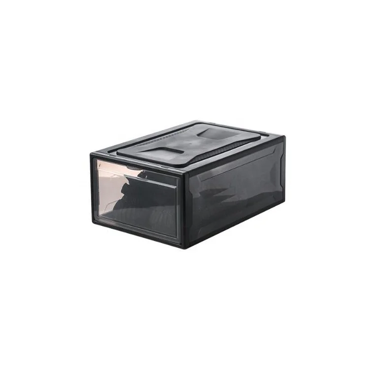 New design practical durable dy197 plastic shoe box with clear drop front door