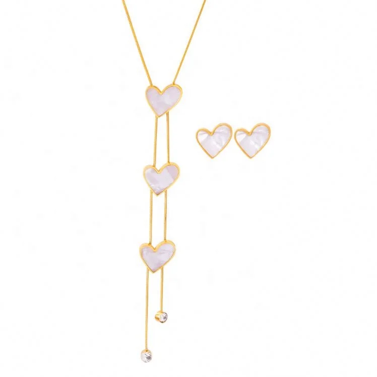 Fine Fashion Jewelry Set Women 18K Gold Stainless Steel Tassel Pearl Pendant Heart Necklace And Earrings Set For Gift