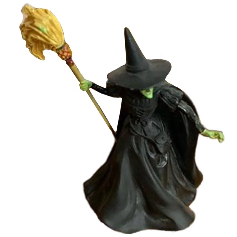 High grade movie character figure mythical mini polyresin wizard of oz miniature wicked green witch figurine with broom