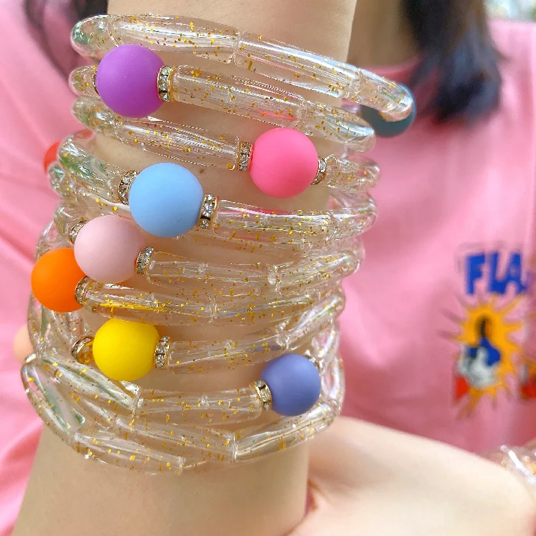 2021 New Colorful Round Beads 6mm Resin Acrylic Bracelets Bamboo Curved Tube Bead Transparent Shine Elastic Beaded  Bangle