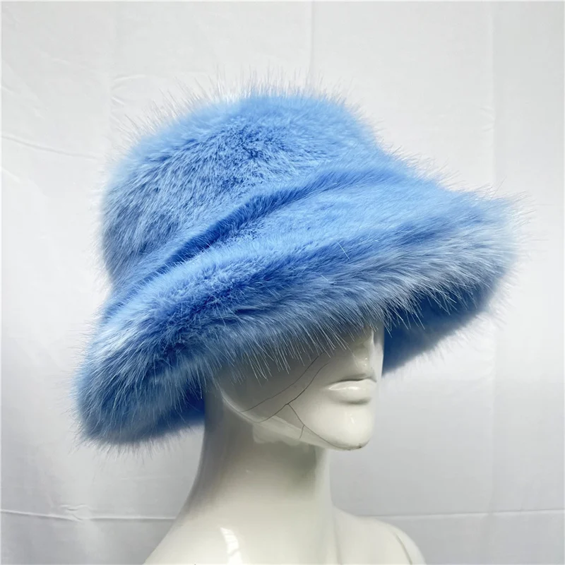 Hign Quality Fuzzy fur Winter Warm Flat Top Camouflage Print Faux Rabbit Fur Fuzzy Bucket Hat For Women