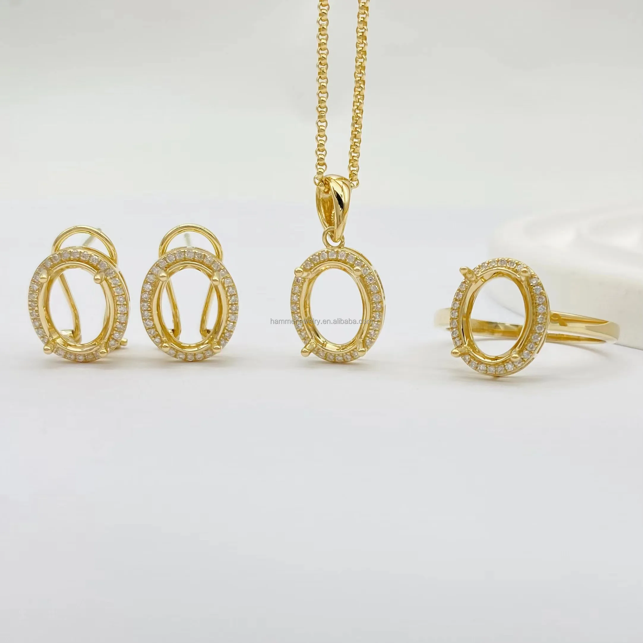 Professional Custom 14k Solid Gold Inlay Diamond Stud Oval Stone Earrings Semi Mounting Settings For Jewelry Making