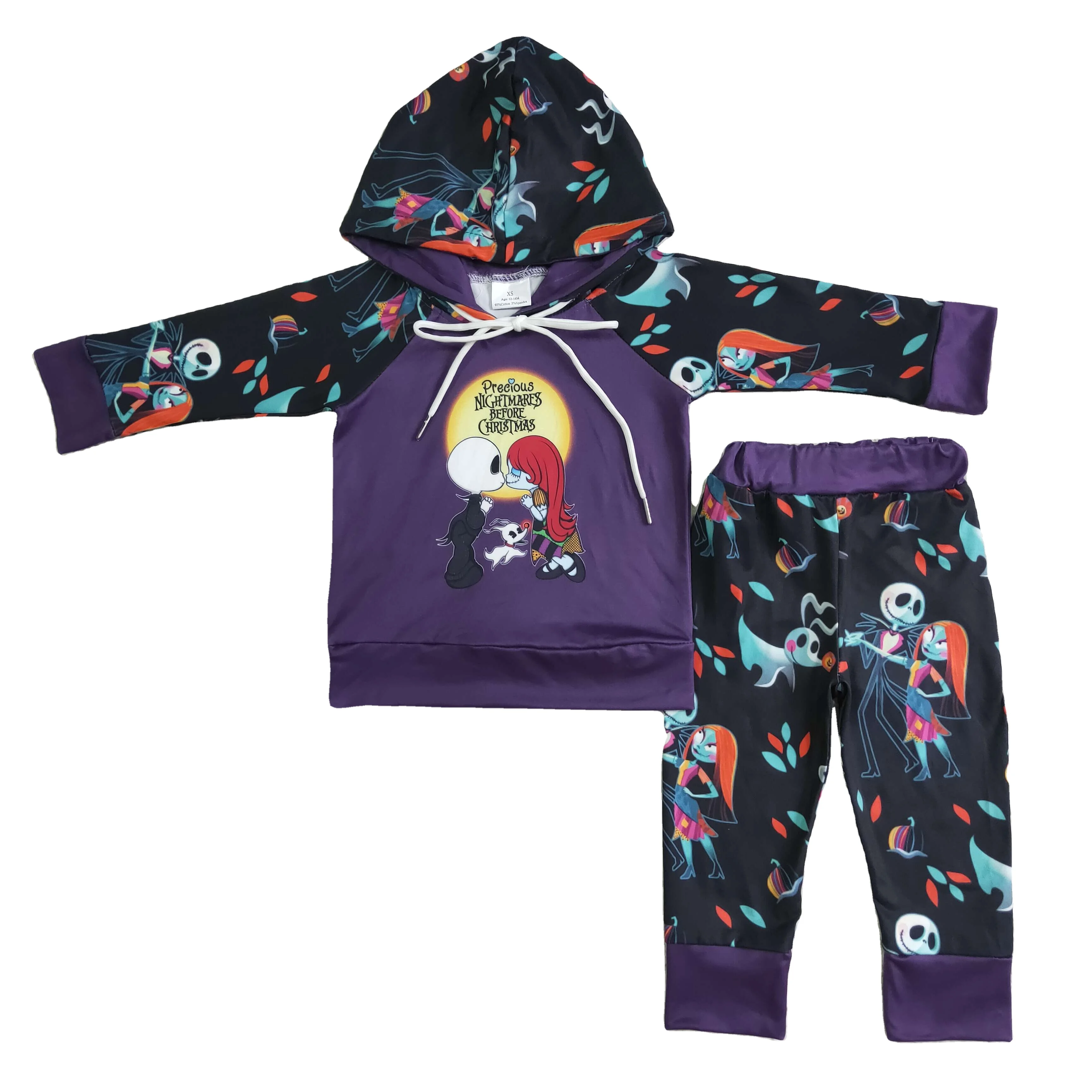 Cartoons print costume jack and sally children love 3M-16T 2 years old boys purple hoodie set Halloween design child clothes