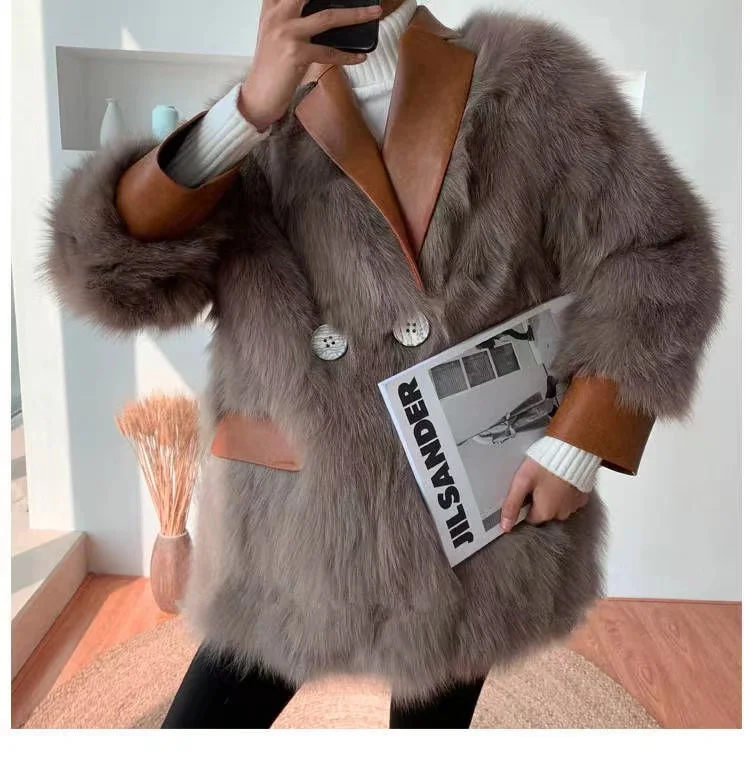 BOBOYU 2021 winter windbroof jacket women high quality luxury v neck leather patchwork long fluffy faux fur coat