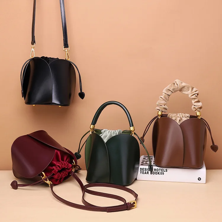 Customized Designer Luxury Flower Petal Bucket Bag Genuine Cowhide Leather Shoulder Handbags