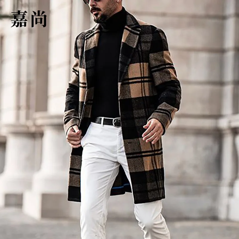 man parkas overcoat fall 2024 new style 80% polyester leisure plaid wool long mens coat