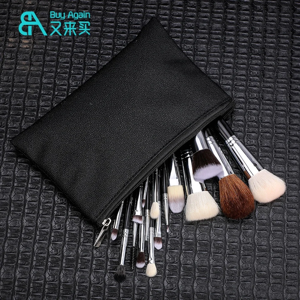 Wholesale luxury professional Makeup Artist brush set tools cruelty Free16pcs black natural goat hair makeup brush set with bag