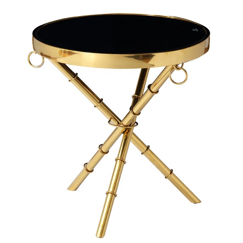 
Black Round Marble Coffee Table with Gold Metal Frame and Ring Design 