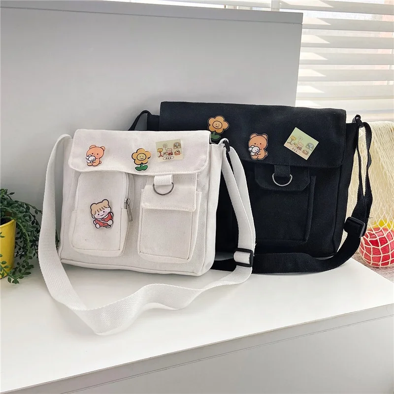 Cute Badge Decoration 2 Size Magnet Button Open Multi Pockets Ladies Single Shoulder Solid Color Blank Handbag Messenger Bag
