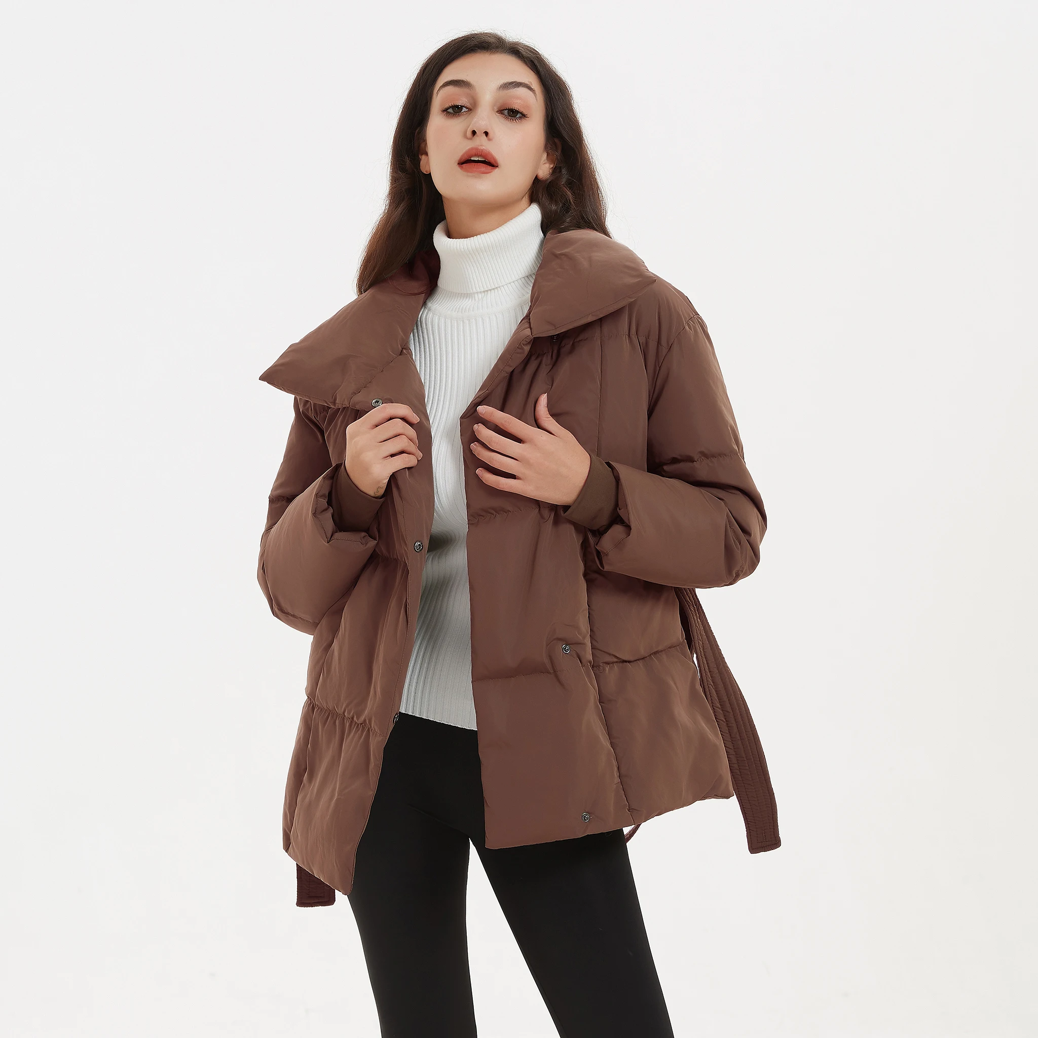 Winter Stand Collar Parkas Women Fashion Tie Waist Short Coats Women Elegant New Solid Puffer Jackets Female Ladies