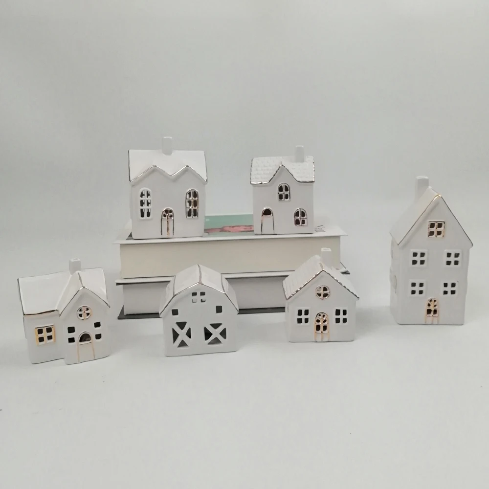Wholesale Porcelain Lighted Customized House Tealight Holder White Ceramic Christmas Village Houses