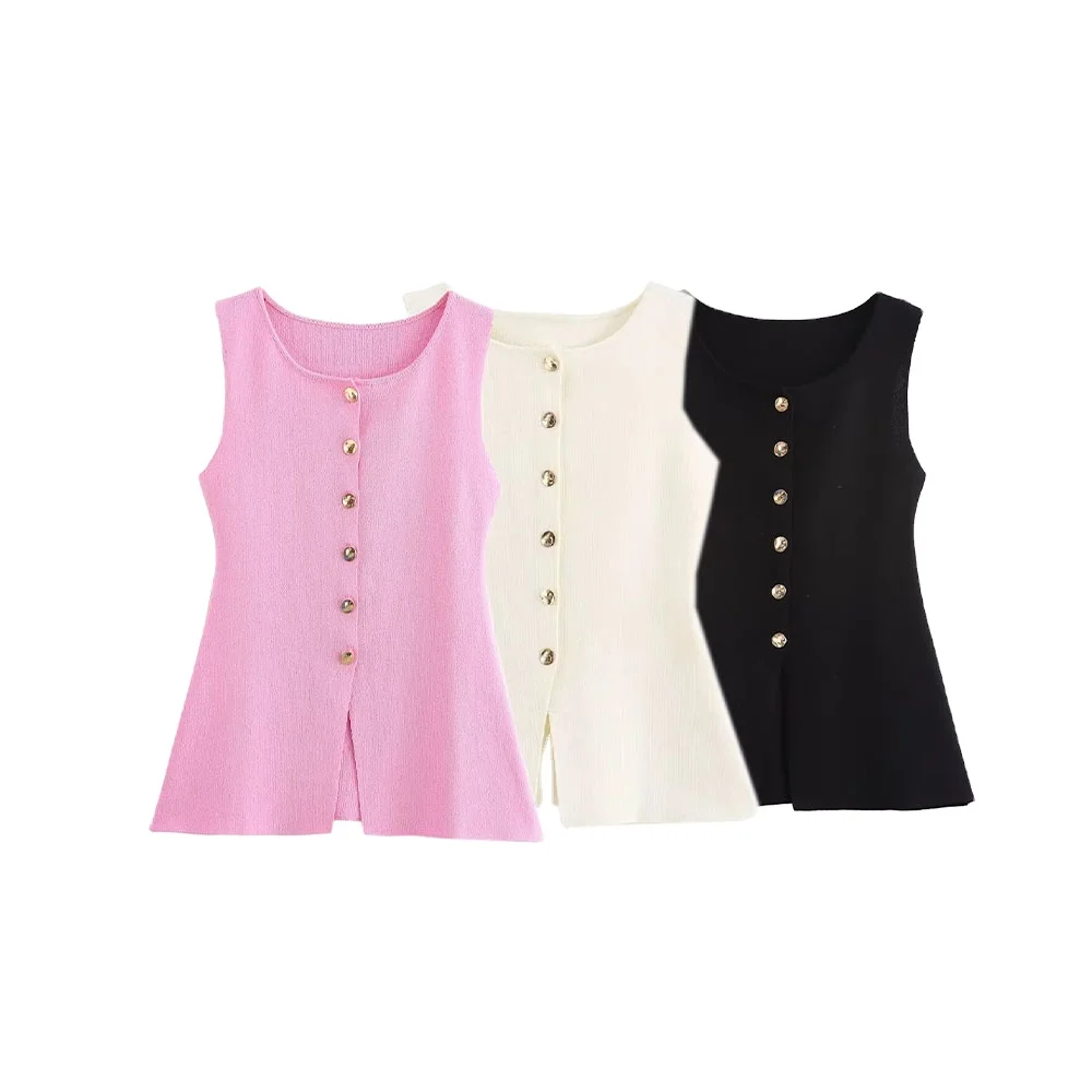 PB&ZA Women 2024 summer New Fashion Plain knitting Tank Tops Vintage Sleeveless Female Camis Chic Tops