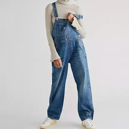 Women vintage relaxed fit wide leg classic blue Jeans fashion denim bib straight loose pants