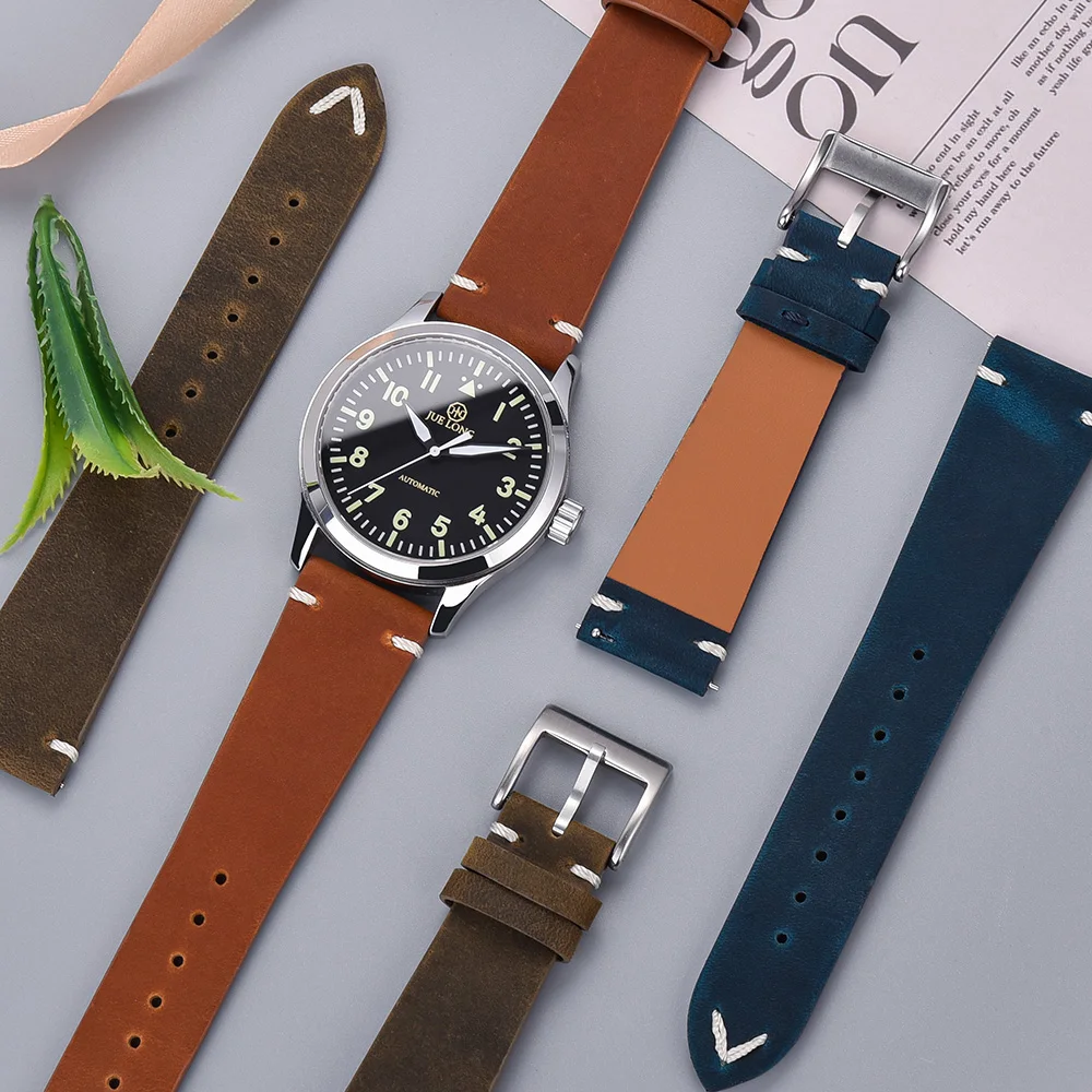 JUELONG Vintage V-Stitch Leather Watch Quick Release Replacement Crazy Horse Leather Watch Strap