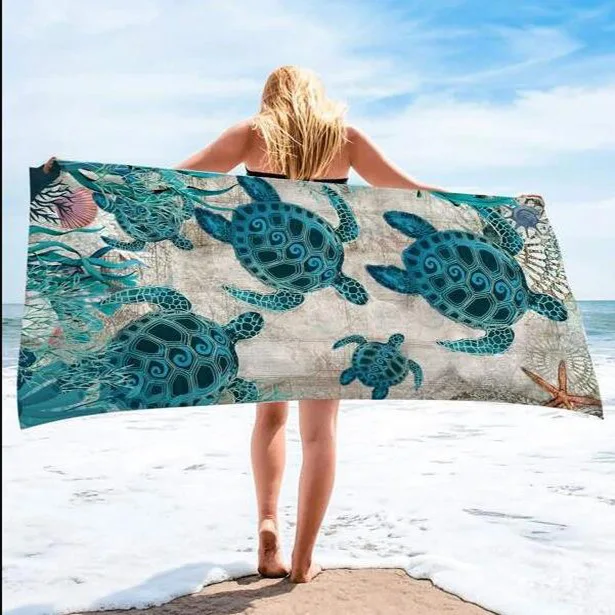 MU Unique design extra large custom print beach towel recycled turtle tropical blue colors personalised 420gsm beach towel