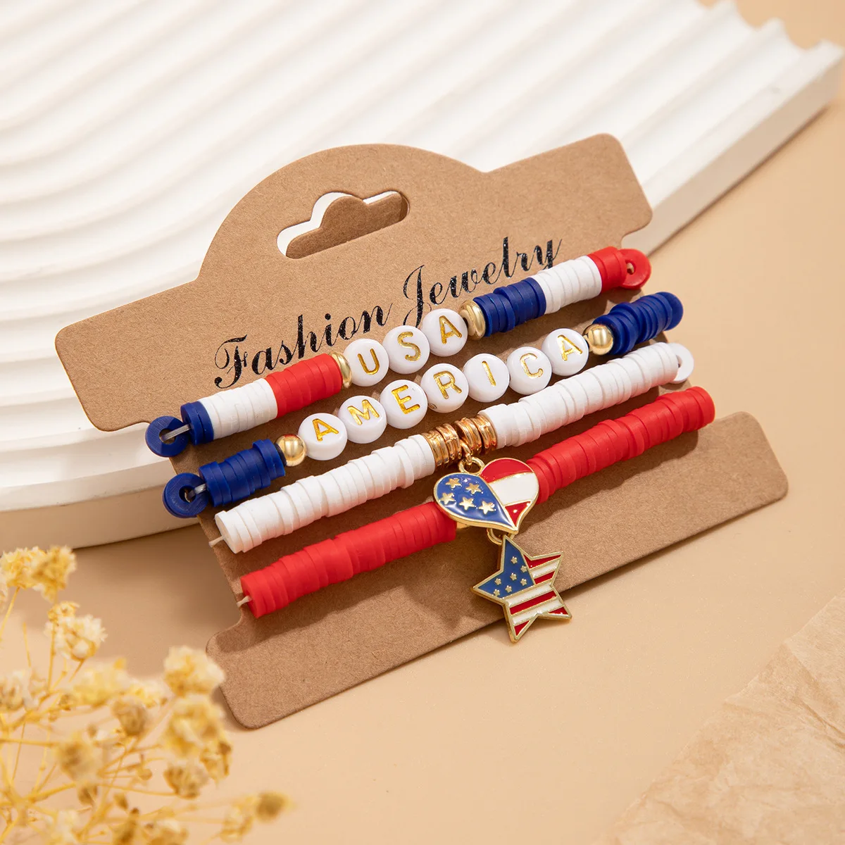 Custom USA Independence Patriotic Day American Flag Bracelets With Charms 4th of July Clay Beaded Friendship Bracelets