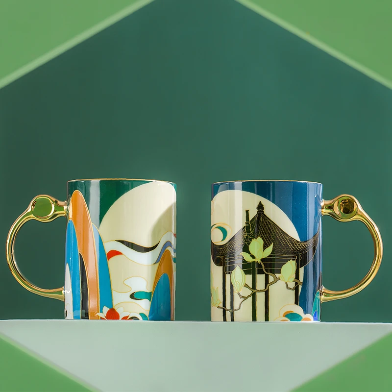 Oriental Culture High-Durable Ceramic Mug Wedding Couple Suit Cartoon Design Wear-Resistant Tea & Coffee Set