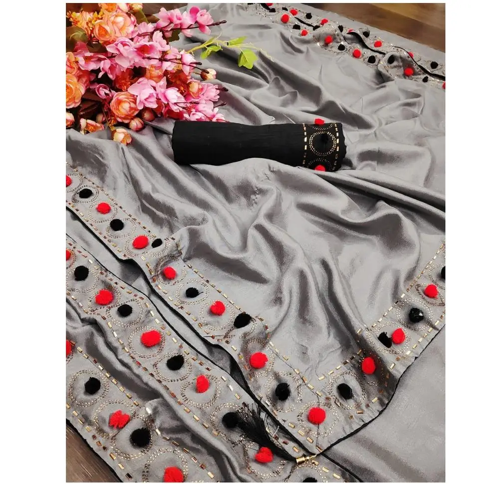 Pom Diamond Work Saree with Blouse Piece Indian Women Wear Festival Sari Cheap Low Price Wholesale Manufacturing Surat Alphanumero