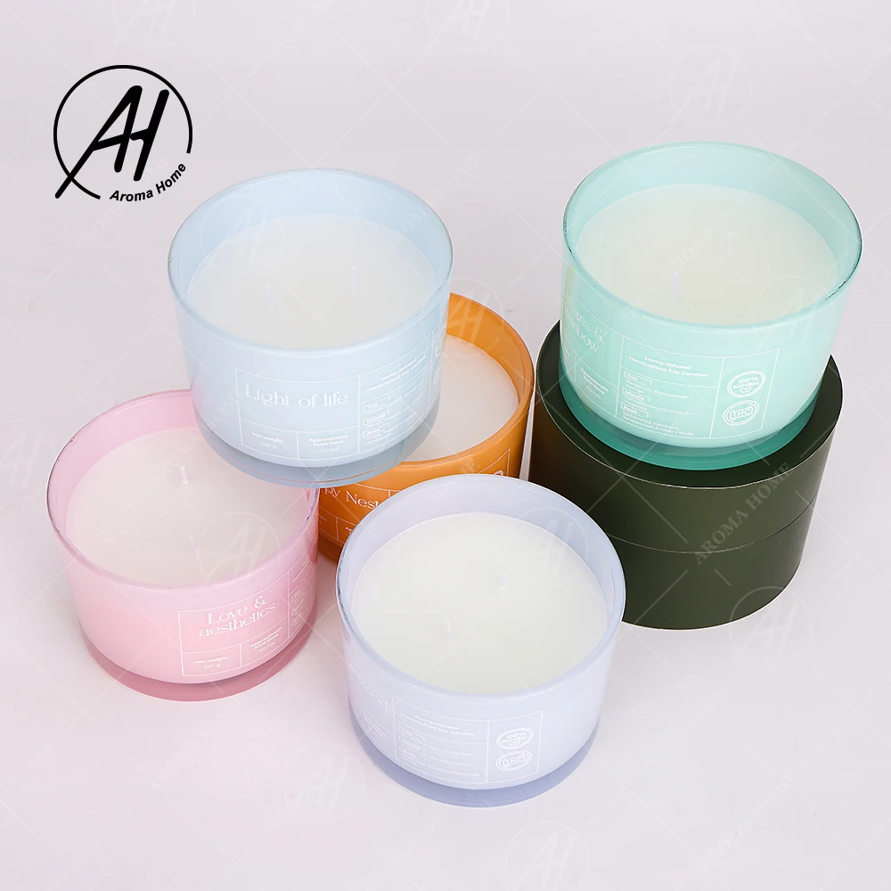 AROMA HOME Customized 5 Colors Bright Glass Jar Aromatherapy Soy Wax 3 Wicks Scented Candle With Rigid Box Cloth Bag