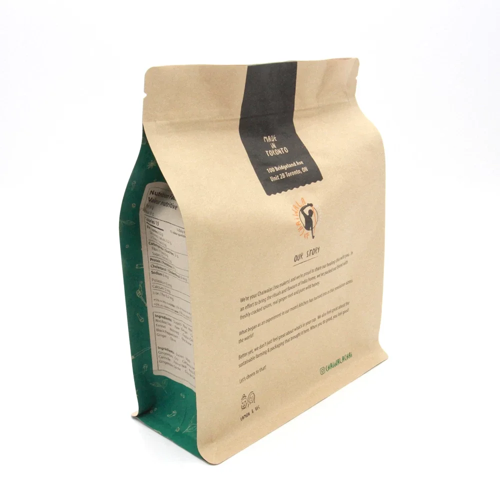 Custom Printed Compostable Recyclable Food Grade Brown Kraft Paper Aluminum Foil Flat Bottom Packing Pouch Bag For Coffee Tea